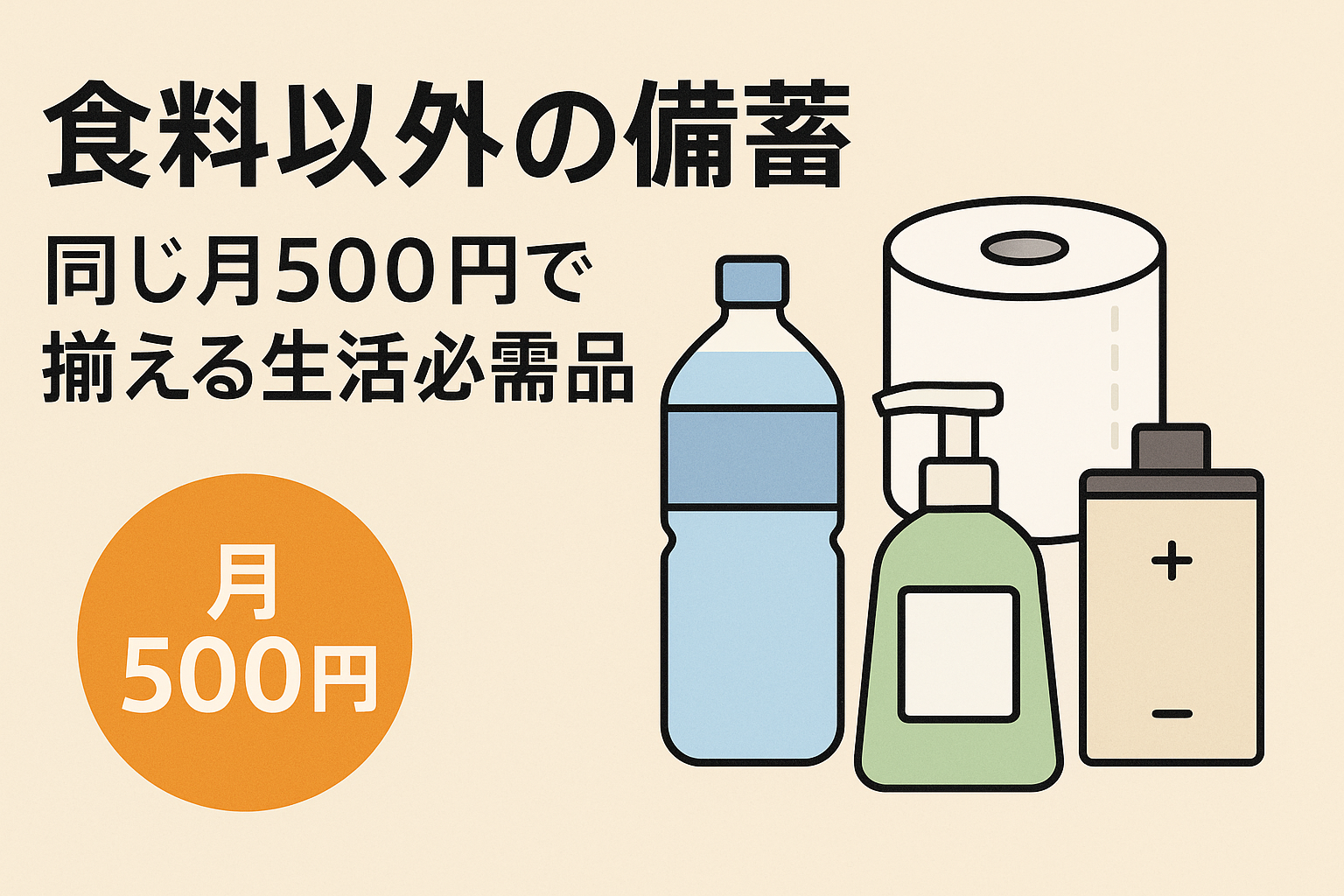 「食料以外の備蓄|同じ月500円で揃える生活必需品」と書かれた見出しと、ペットボトル、トイレットペーパー、石けん、電池のイラスト。
