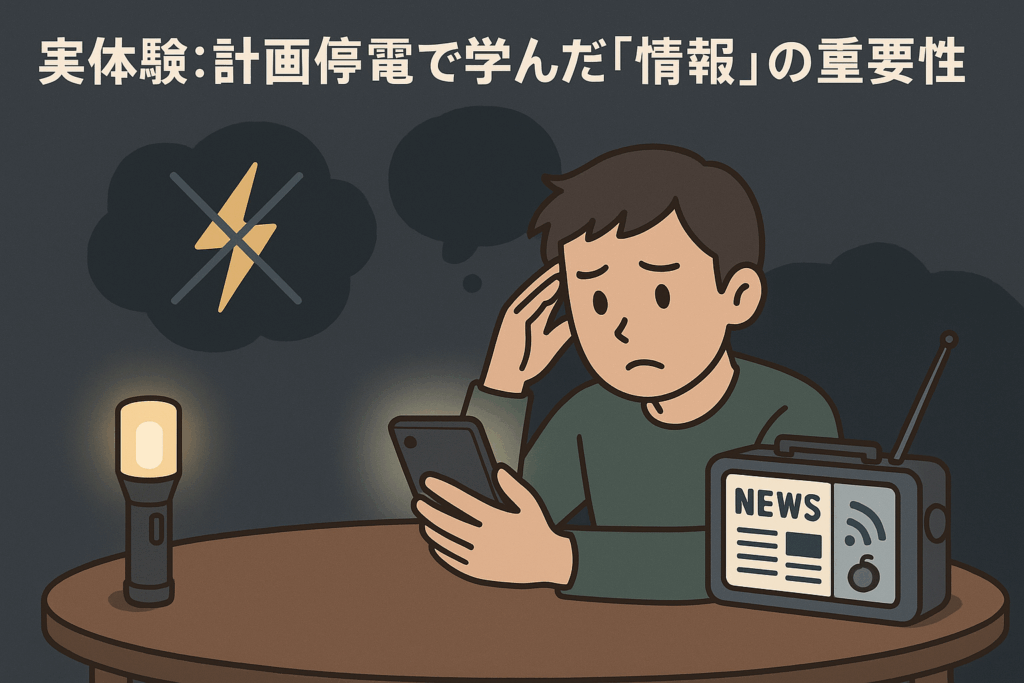 停電中の暗い部屋でスマートフォンとラジオを使って情報収集をしようとする男性のイラスト。テーブルには懐中電灯が置かれている。