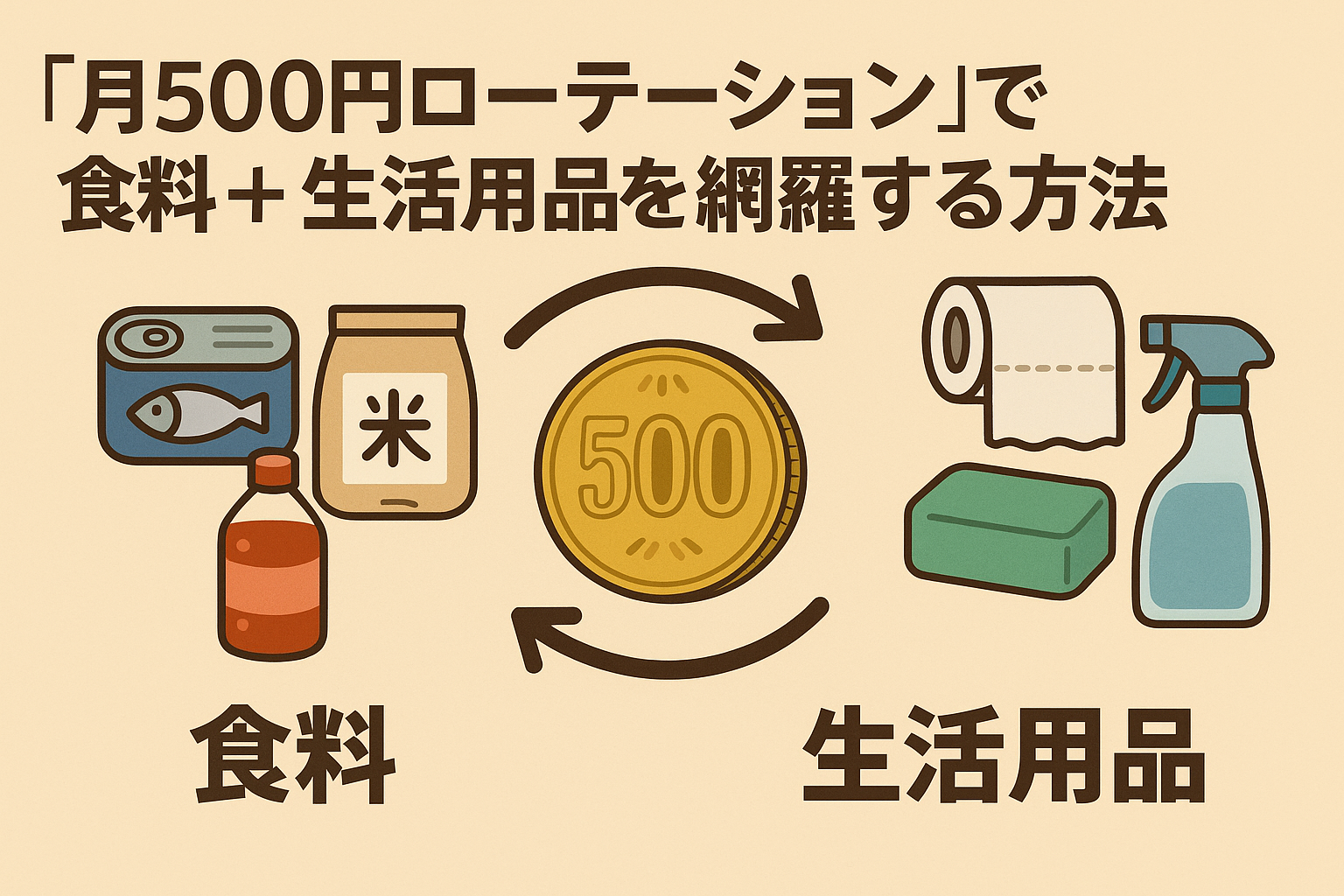 「月500円ローテーションで食料+生活用品を網羅する方法」という見出しと、500円硬貨を中心に食料と生活用品が矢印で循環するイラスト。