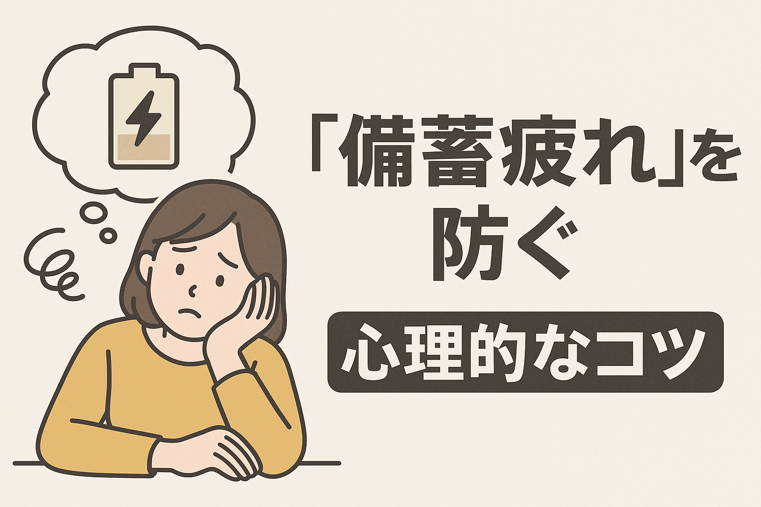 「備蓄疲れを防ぐ 心理的なコツ」という見出しと、電池切れのアイコンを思い浮かべながら疲れた様子の女性のイラスト。