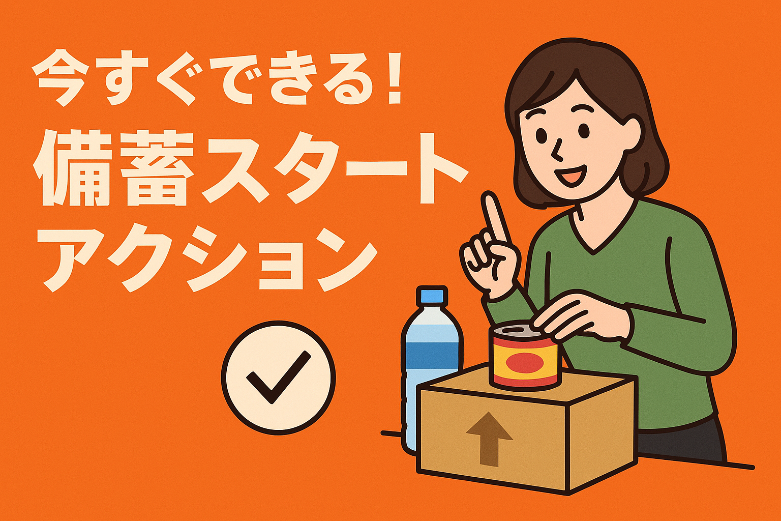 「今すぐできる!備蓄スタートアクション」という見出しと、女性が缶詰と水を段ボール箱に入れようとしているイラスト。