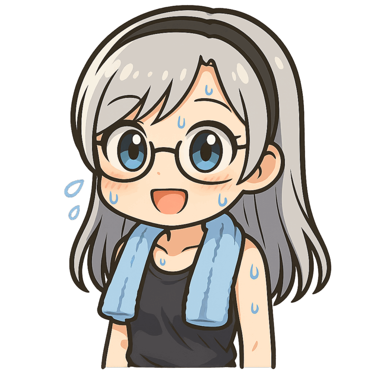 眼鏡をかけた銀髪のアニメ風キャラクターが、汗をかきながらも笑顔で立っている様子。