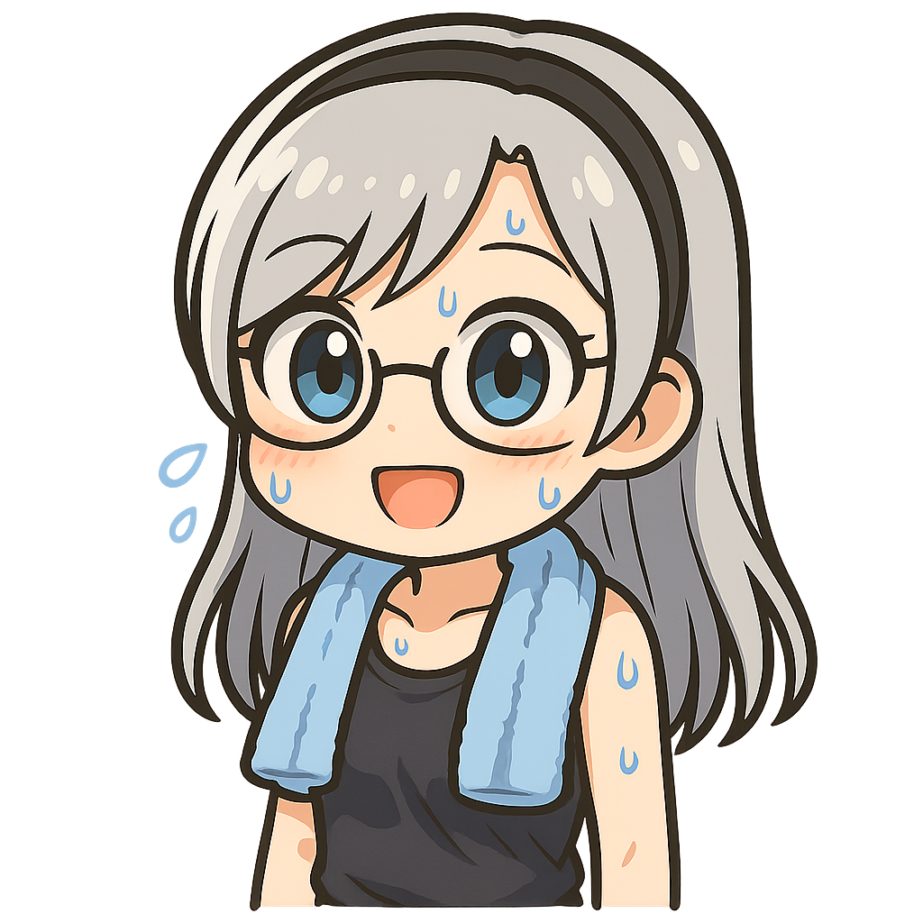 眼鏡をかけた銀髪のアニメ風キャラクターが、汗をかきながらも笑顔で立っている様子。