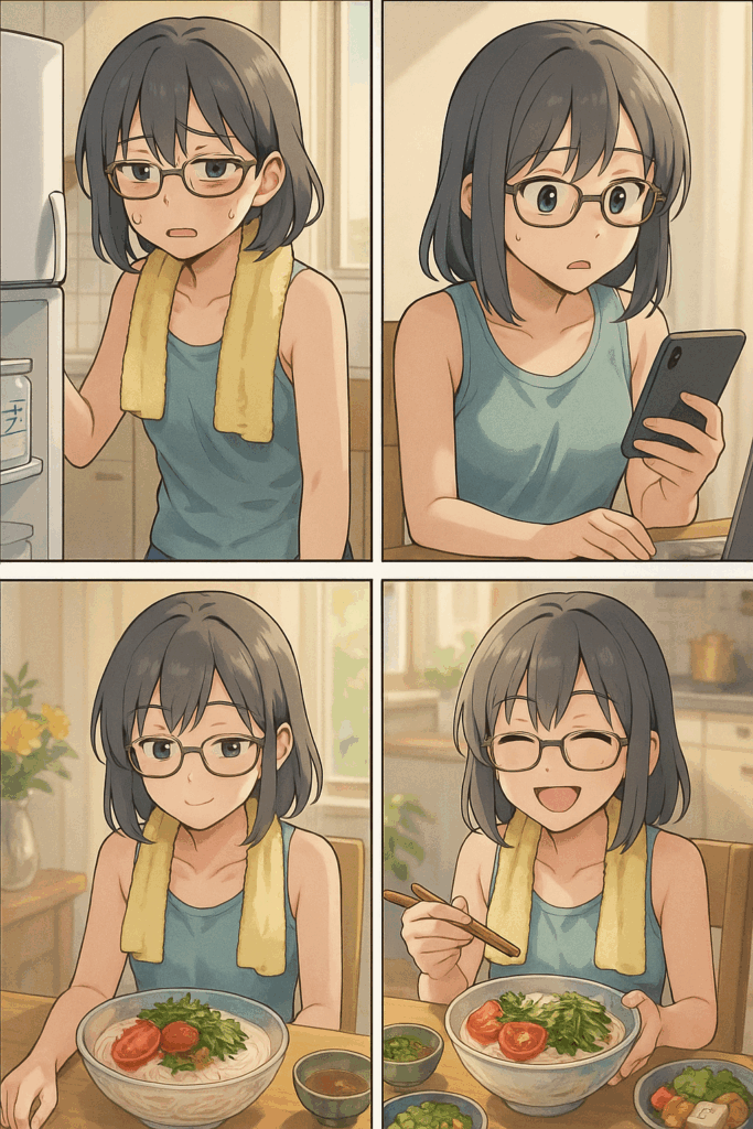 汗をかきながら冷蔵庫やスマホを見て、そうめんを作って食べているメガネの女の子の4コマイラスト