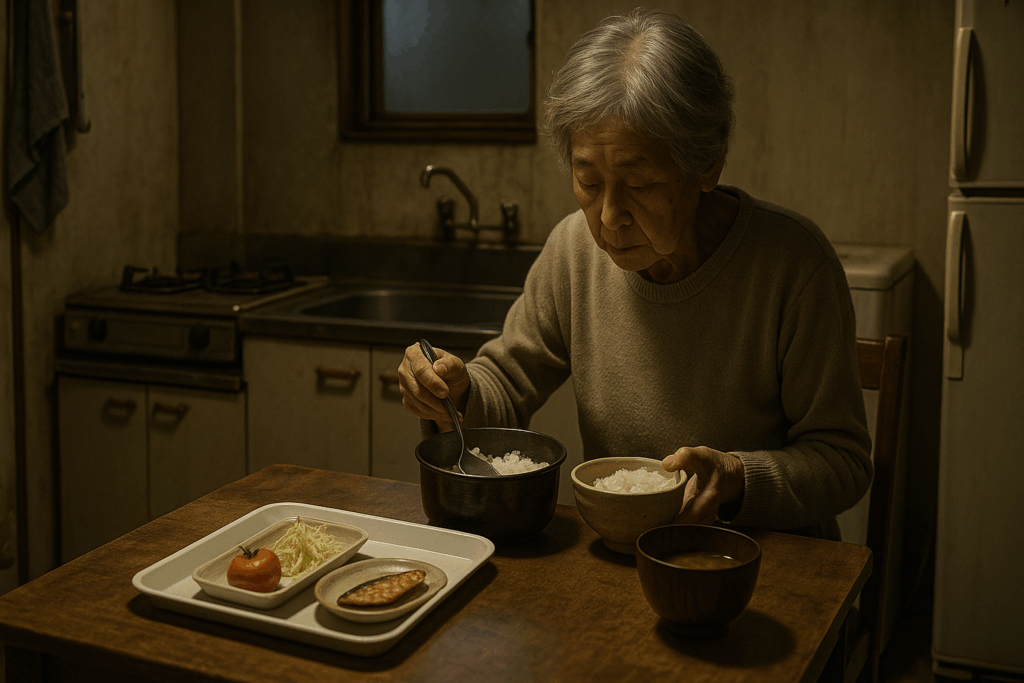 質素な食事を前に、静かにご飯を食べる一人暮らしの高齢女性。老後の孤独を象徴する室内の様子。