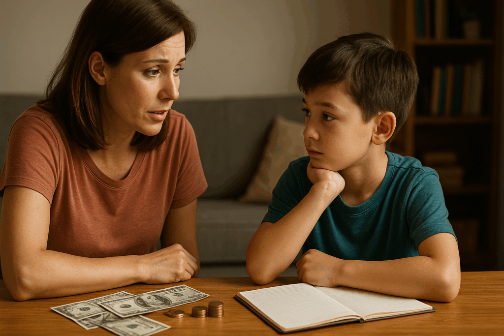 現金とコインを前に真剣な表情で会話をする母親と子ども。家庭内でのお金や節約について話す様子。