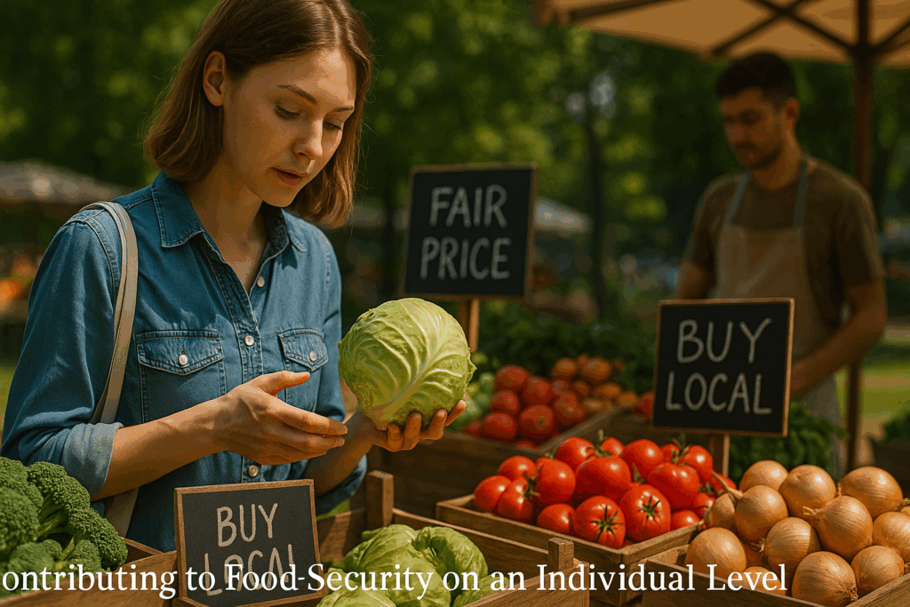 市場でキャベツを手に取る女性と「BUY LOCAL」「FAIR PRICE」と書かれた看板。地域産の野菜と持続可能な選択を訴える場面。
