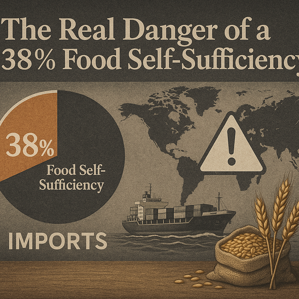 38%の食料自給率」のグラフと輸入船、地図上の警告マークを描いたヴィンテージ風インフォグラフィック。食の安全保障への警鐘