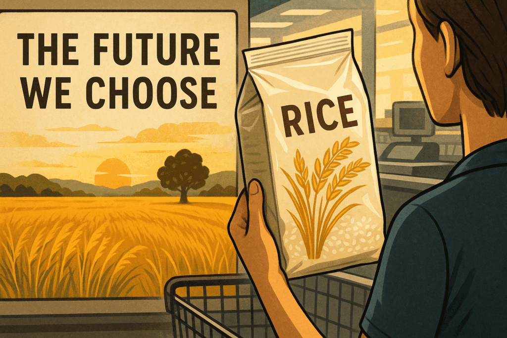 「THE FUTURE WE CHOOSE」の文字と夕暮れの田園風景、そしてスーパーで米を手に取る人物のイラスト。食の選択と未来へのメッセージ。