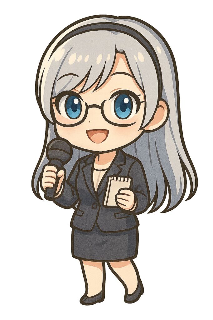 眼鏡をかけた銀髪の女性キャラクターがスーツ姿でマイクとメモ帳を持っているイラスト