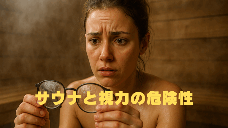 サウナ内で曇ったメガネを心配そうに見つめる女性。高温環境が視力やメガネに与える影響を表現した場面。