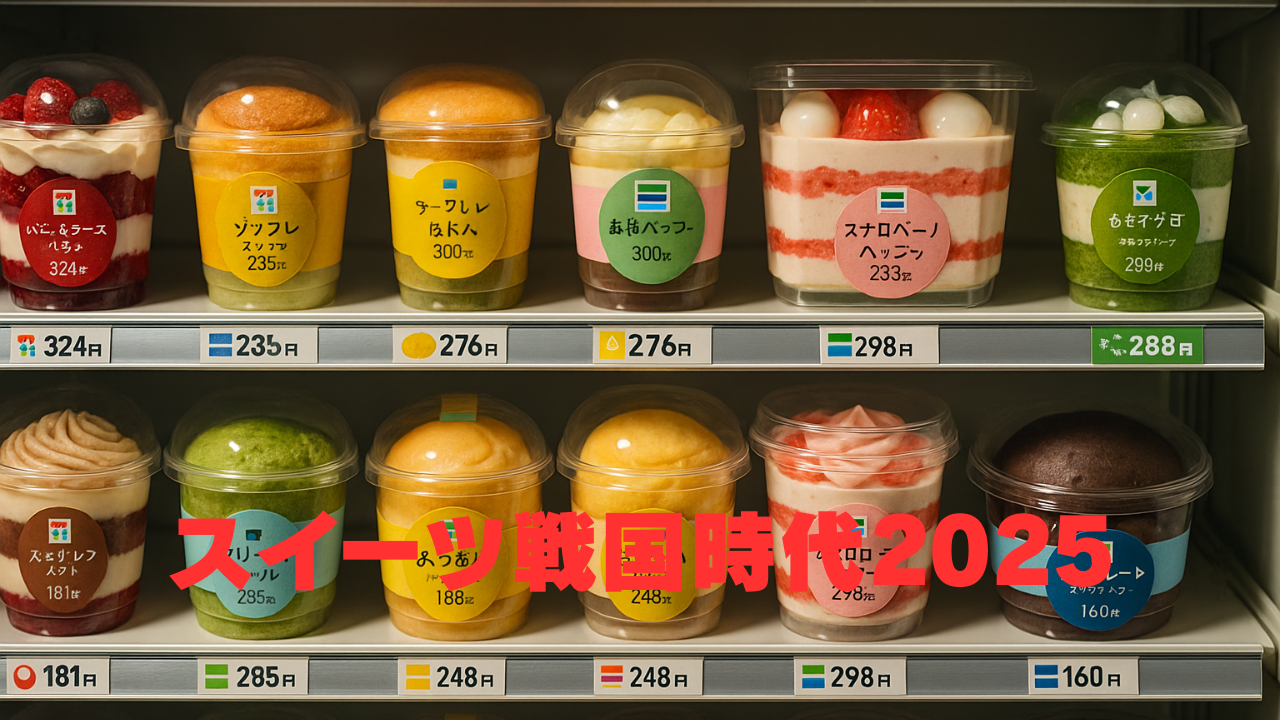 コンビニの冷蔵棚に並ぶ多彩なカップスイーツ。種類、価格、色彩の豊かさが目を引く。