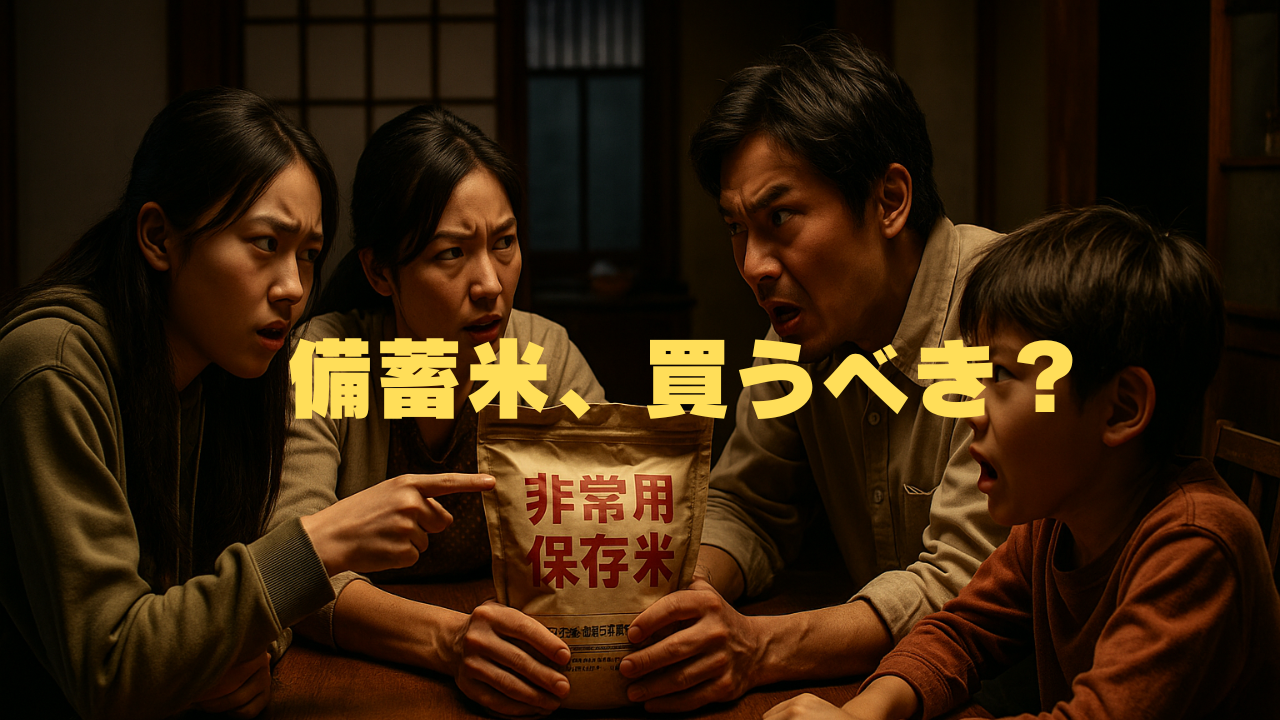 非常用保存米を囲んで真剣に話し合う家族の姿。食料備蓄の必要性をめぐる葛藤を描いた場面。