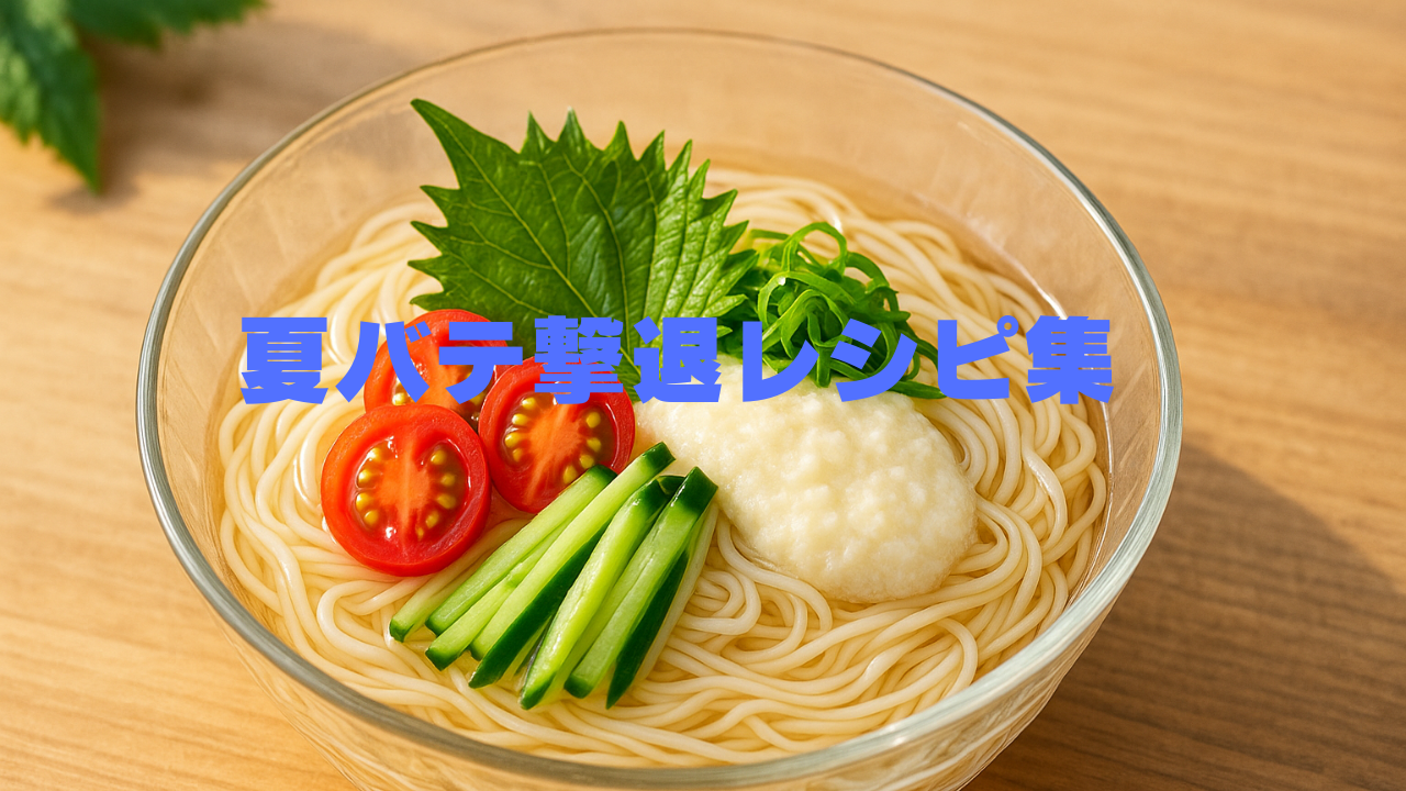 「夏バテ撃退レシピ集」の文字とともに、ガラス鉢に盛られた冷やしそうめん（大葉、ミニトマト、きゅうり、とろろ、青ねぎトッピング）の写真