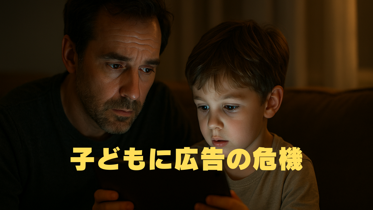タブレット画面を見つめる父親と子ども。広告にさらされる子どものリスクを示す家庭の一場面。
