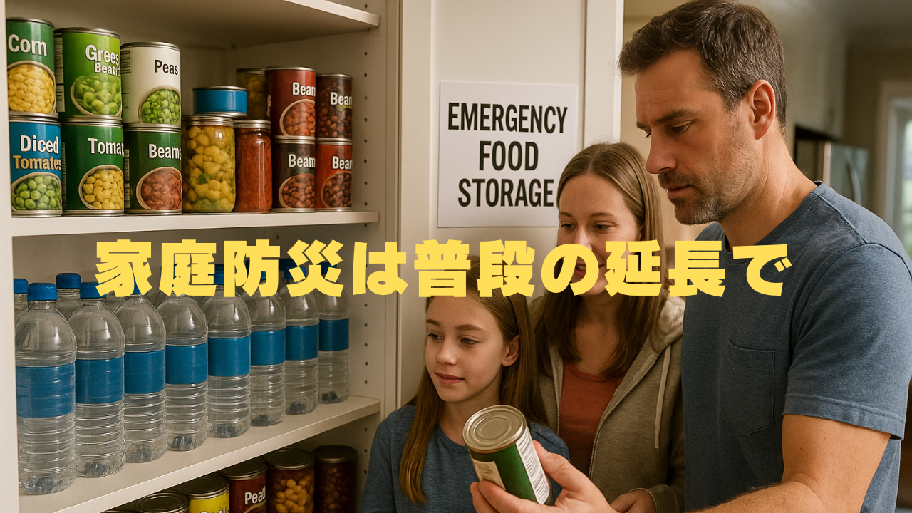 家族が非常食の棚を確認している様子。棚には水や缶詰が整然と並べられている。
