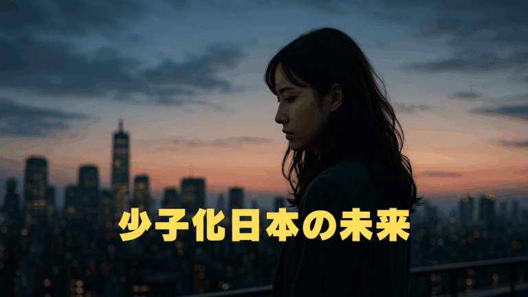 夕暮れの都市を背景に、物思いにふける若い女性。少子化が進む日本の未来を象徴する構図。