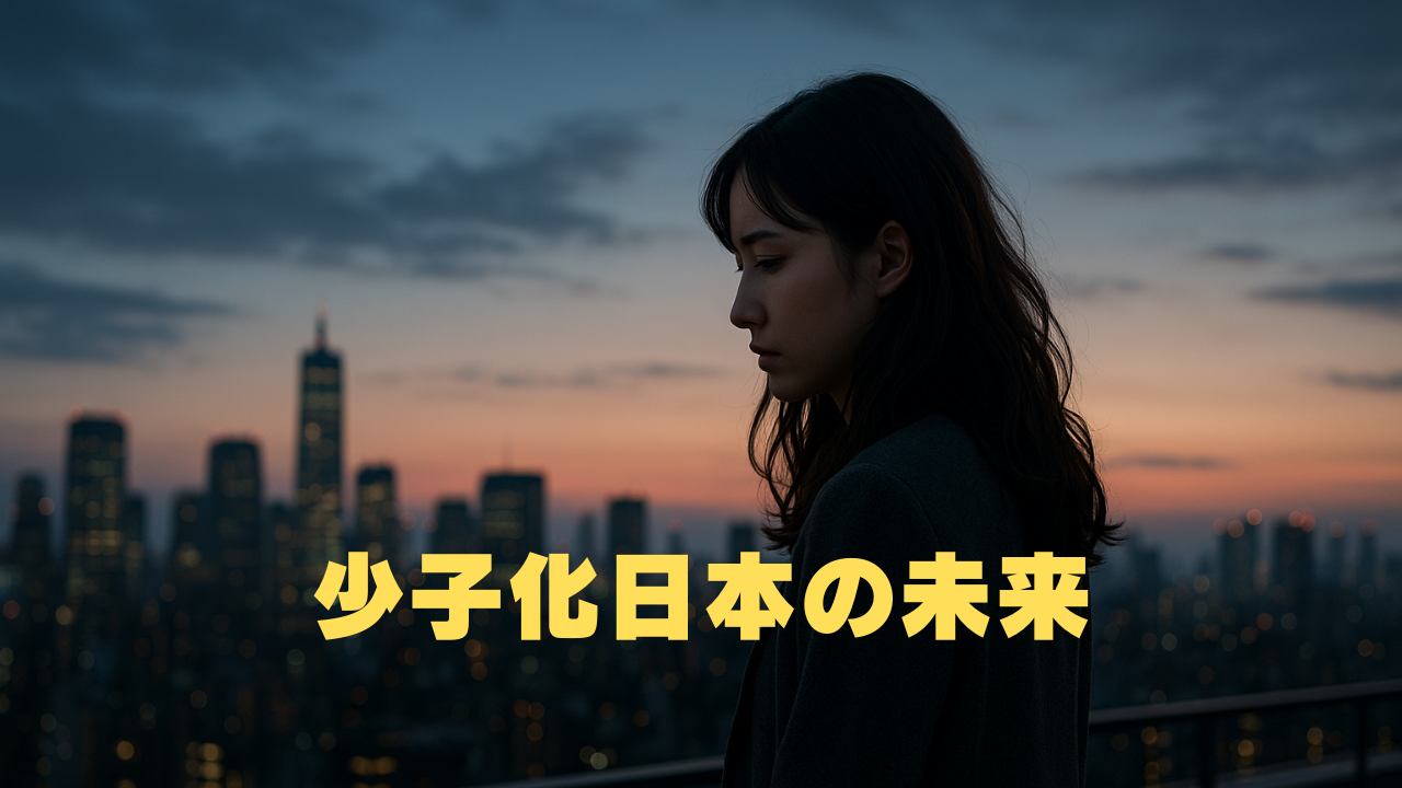 夕暮れの都市を背景に、物思いにふける若い女性。少子化が進む日本の未来を象徴する構図。