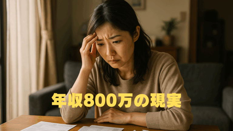 書類を前に悩んだ表情で頭を抱える女性。年収800万円でも生活の負担が重く感じられる現代社会の姿。