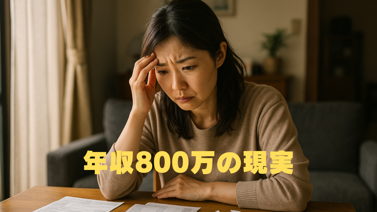 書類を前に悩んだ表情で頭を抱える女性。年収800万円でも生活の負担が重く感じられる現代社会の姿。