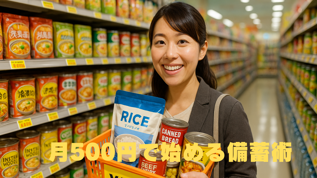 スーパーの缶詰売り場で、笑顔で備蓄食材の入ったカゴを持つ女性。「月500円で始める備蓄術」と表示されている。