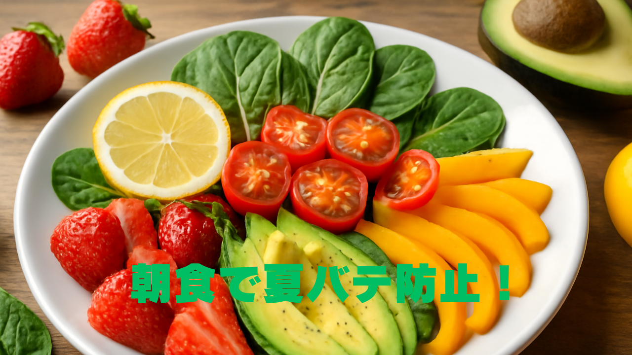 イチゴ、アボカド、トマト、マンゴー、レモン、ほうれん草を使った夏バテ予防にぴったりの朝食サラダ