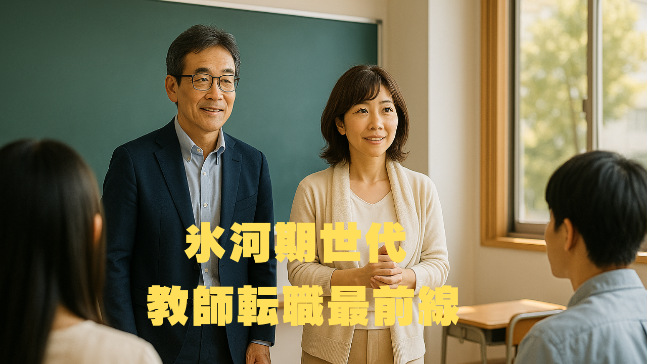 教室内で話すスーツ姿の男性とカーディガン姿の女性、「氷河期世代 教師転職最前線」の文字が表示されている