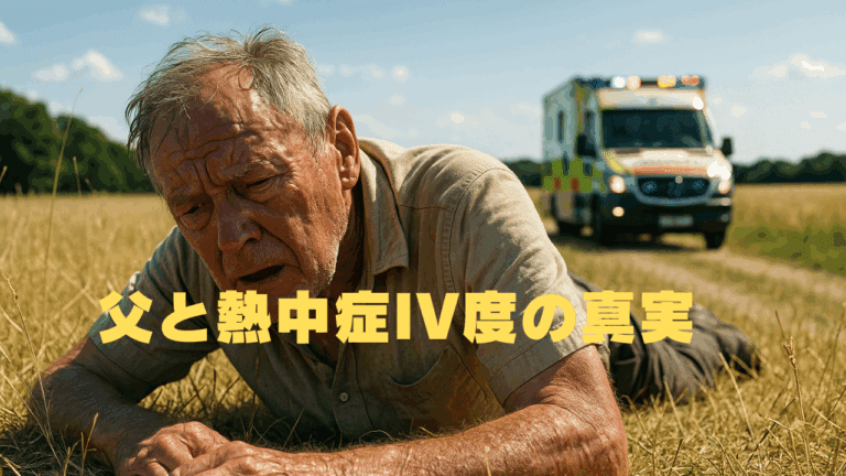 炎天下の野原で倒れ込む高齢男性と、背後に停まる救急車