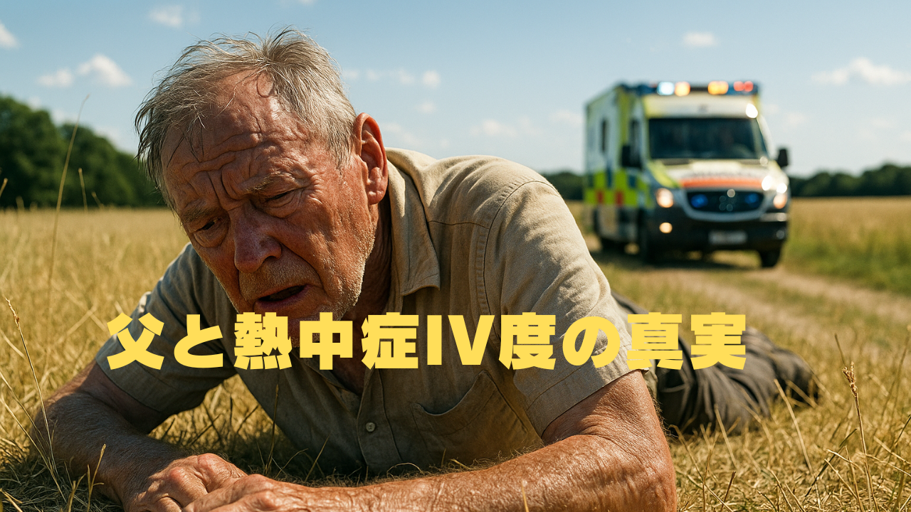 炎天下の野原で倒れ込む高齢男性と、背後に停まる救急車