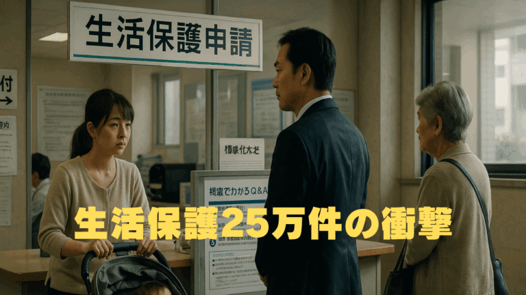 生活保護申請窓口で対応を待つ若い母親や高齢者たち。困窮する生活と福祉制度の現状を表す場面。