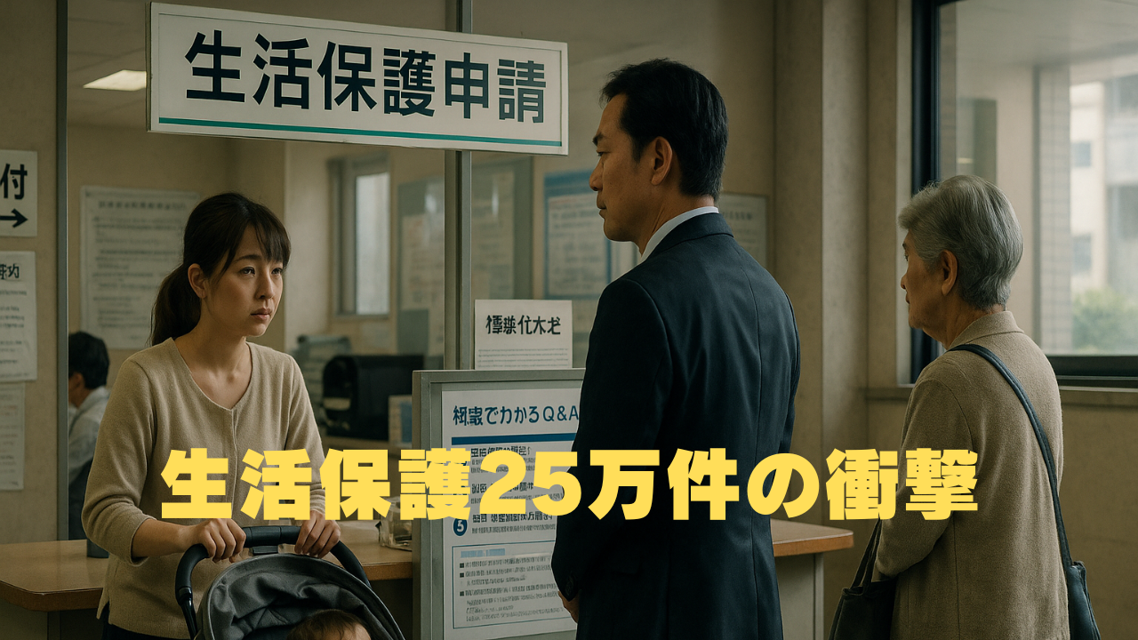 生活保護申請窓口で対応を待つ若い母親や高齢者たち。困窮する生活と福祉制度の現状を表す場面。