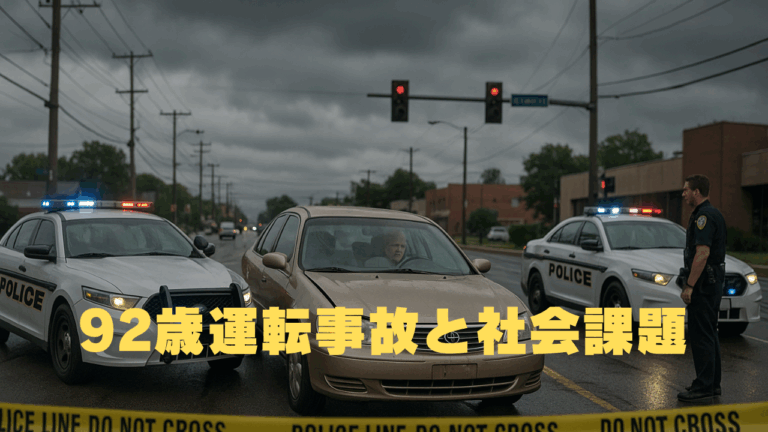 警察に囲まれた車の中に座る高齢ドライバーと、それを取り囲む警官。高齢運転者の事故と社会問題を象徴する場面。