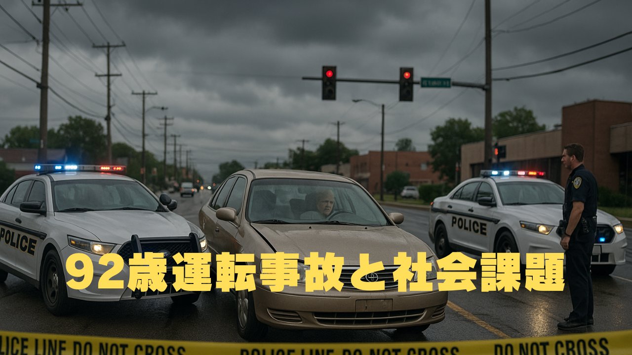警察に囲まれた車の中に座る高齢ドライバーと、それを取り囲む警官。高齢運転者の事故と社会問題を象徴する場面。