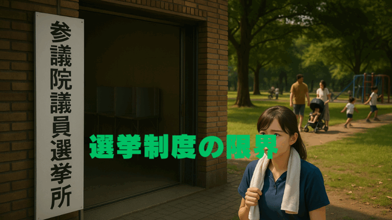 「参議院議員選挙所」の看板がある建物の前に立つ若い女性と、背景に家族連れが遊ぶ公園の風景。「選挙制度の限界」という文字入り