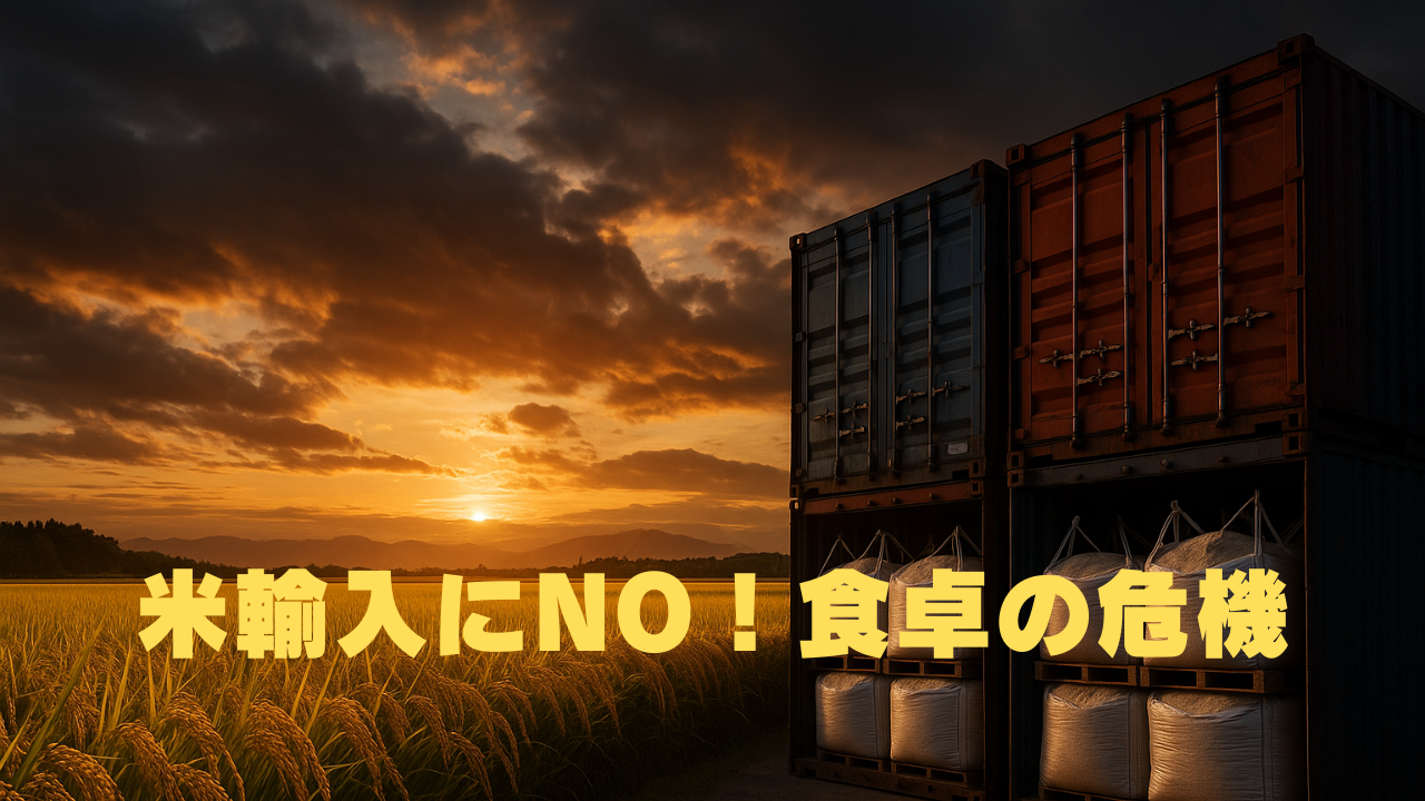 夕暮れの田んぼとコンテナ、輸入米の袋が映る中、「米輸入にNO！食卓の危機」の文字が強調されたビジュアル。
