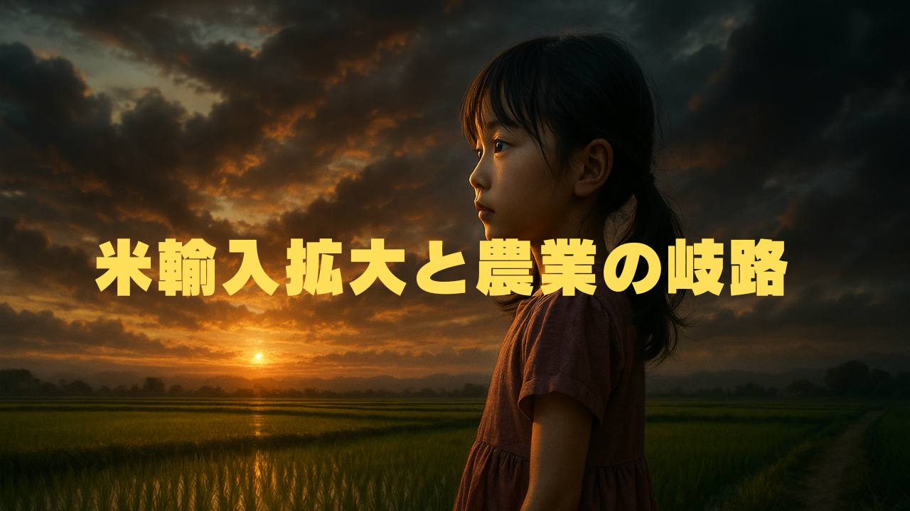 夕日が沈む水田で、茶色のワンピースを着た少女が遠くを見つめて立っている。空にはオレンジと灰色の劇的な雲が広がり、黄金色に輝く稲田が地平線まで続いている。画像上部に「米輸入拡大と農業の岐路」という日本語のタイトルが重ねられており、農業と地方の生活をテーマにした contemplative な情景を表現している。