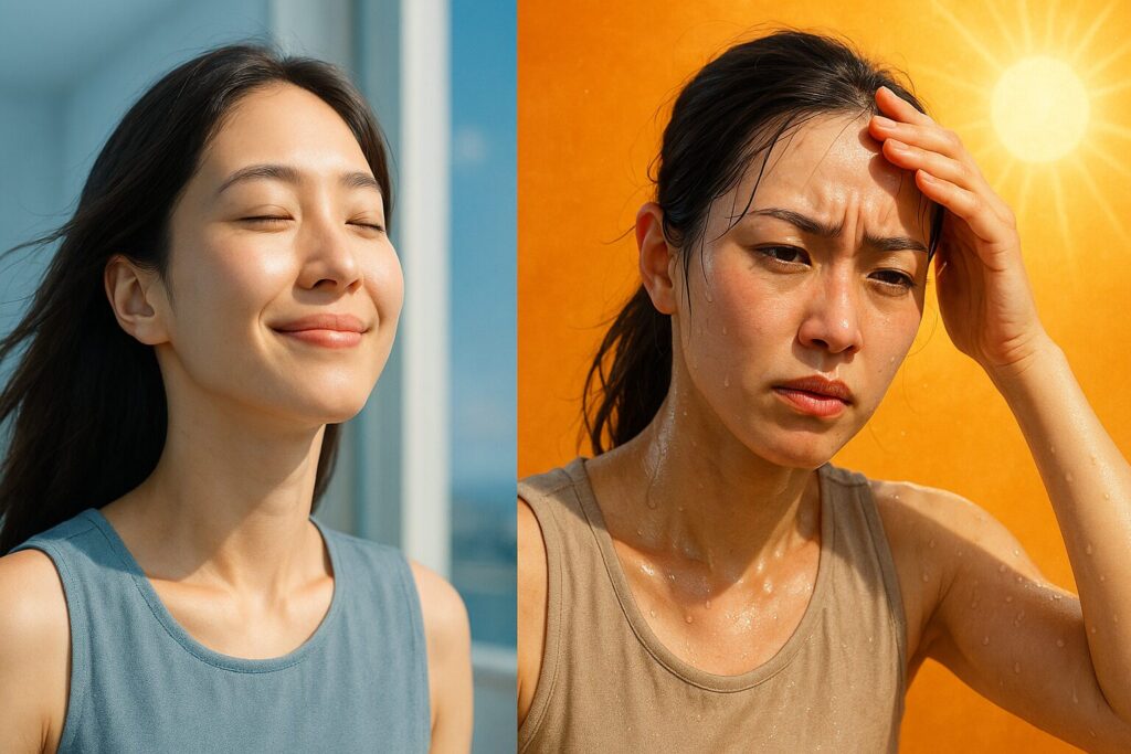 左は気持ちよく日光を浴びる女性、右は汗だくで暑さに苦しむ女性。夏の気候の対照的な表現。
