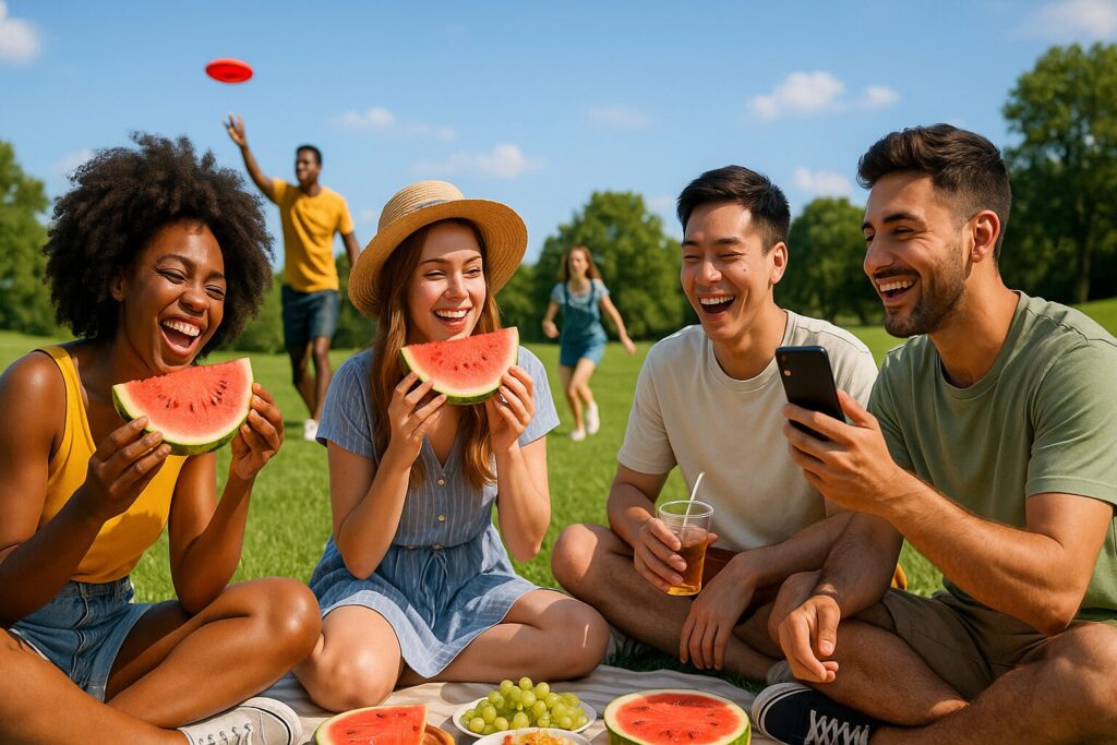 公園でピクニックをしながらスイカを食べて笑い合う若者たち。後ろではフリスビーで遊ぶ人たちも見える。