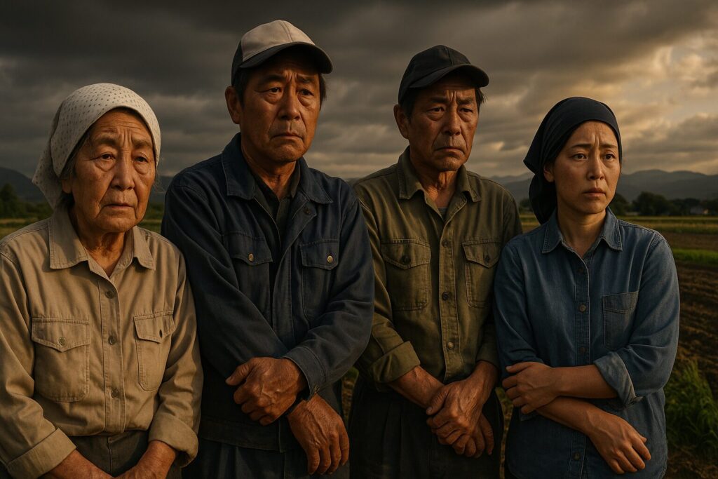 夕暮れの農地で真剣な表情を浮かべる4人の農民たち。年配の女性と男性2人、若い女性が並び、空には重い雲が広がっている。