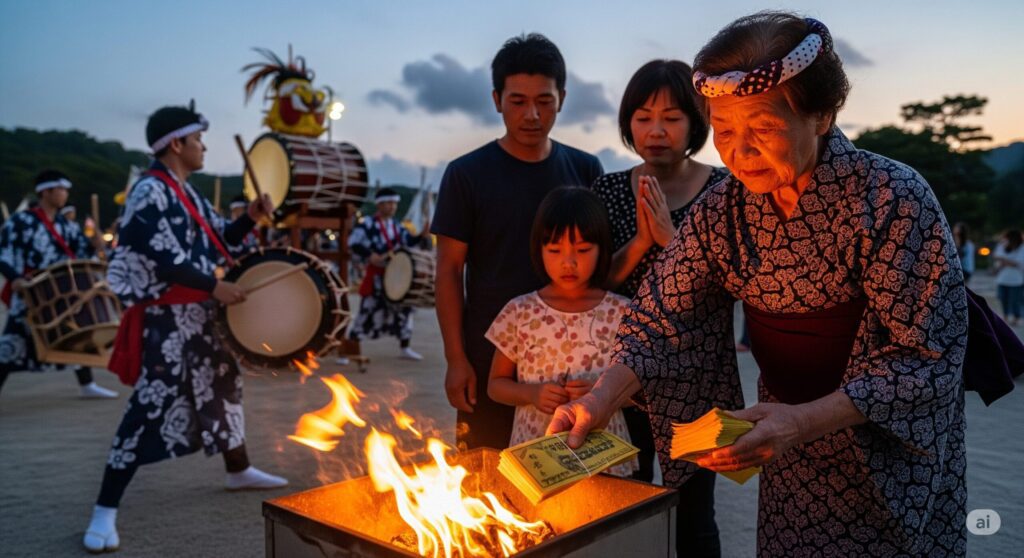 夕暮れの祭りの中、太鼓の演奏を背景に、三世代の家族が焚き火の前で紙のお金を燃やして先祖供養をしている。