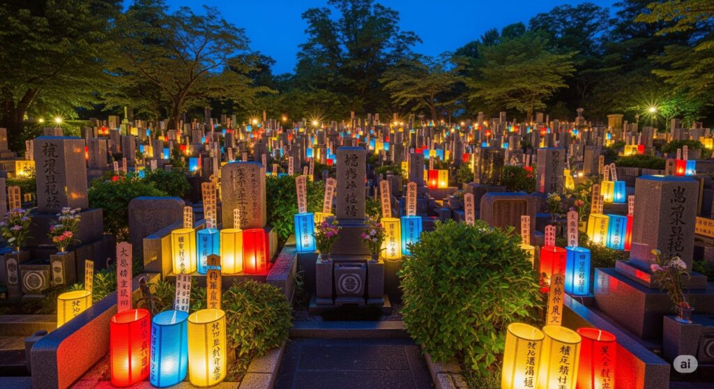 夜の墓地で、たくさんの墓石の前に赤、青、黄色など色とりどりの提灯が灯され、幻想的な雰囲気を作り出している。
