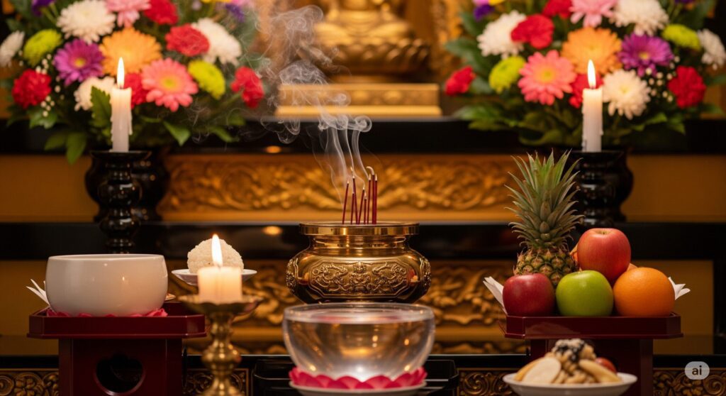 金色の仏壇の前に、花、ろうそく、果物、ご飯などのお供え物が並び、香炉から線香の煙が立ち上っている様子。