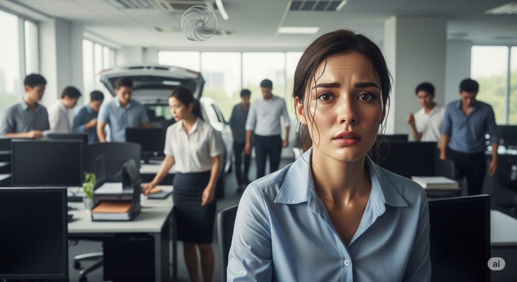 オフィスで緊張した表情を浮かべる女性と、背後で忙しく動く同僚たち
