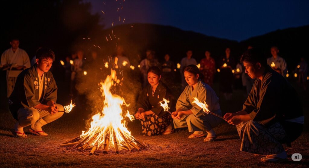 夜、地面に組まれた木が燃え、その周りに数人の男女が座っている。背景には山と、手に明かりを持つ人々のシルエットが見える。