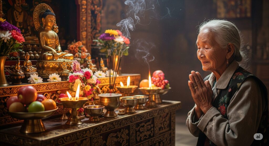 年配の女性が、仏像や灯明、果物が供えられた仏壇の前で、目を閉じて手を合わせている。