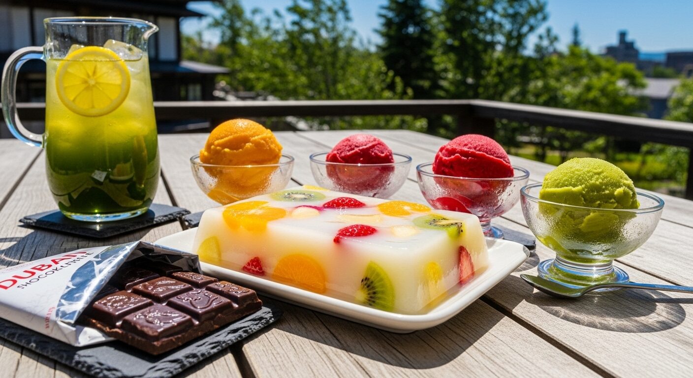 屋外のテラスに並んだフルーツ入りのゼリー、各種シャーベット、板チョコレート、レモン入りグリーンドリンクの写真。晴れた空と緑の景色が背景。