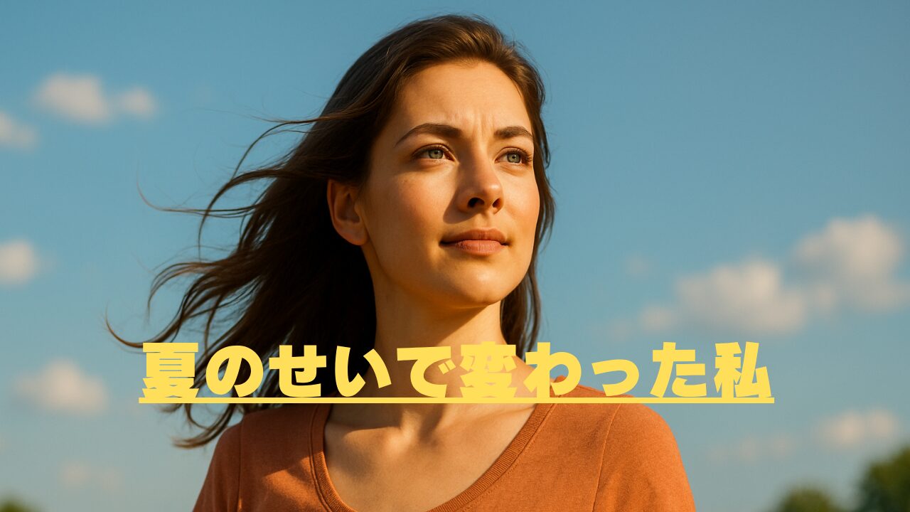 青空の下、遠くを見つめる女性の姿。画像中央に「夏のせいで変わった私」というテキスト。