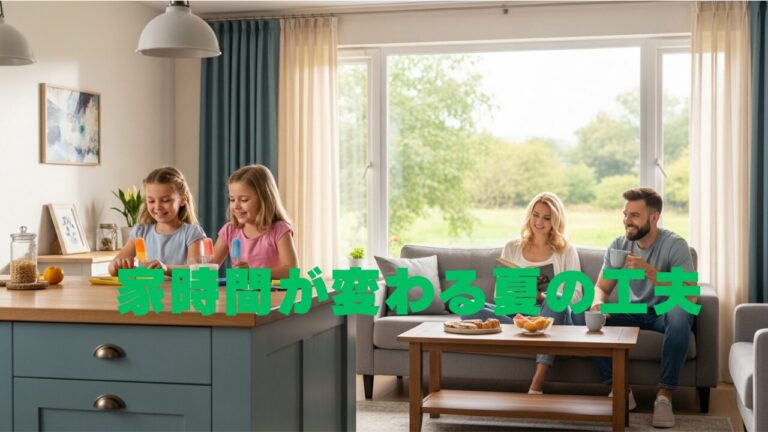 リビングで家族が過ごす様子。キッチンでアイスキャンディーを食べる子どもたちと、ソファでくつろぐ大人たちが見える夏の家庭風景。