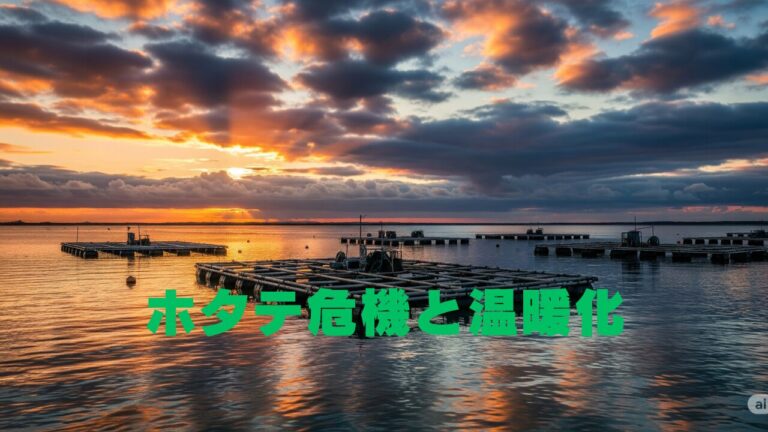 夕焼け空の下、静かな海に浮かぶホタテ養殖場。美しい風景の中に、温暖化の影響が忍び寄る。