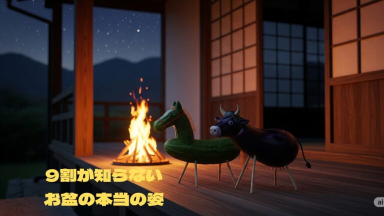 夜、日本家屋の縁側にキュウリの馬とナスの牛（精霊馬）が置かれ、庭では迎え火が燃えているお盆の風景。